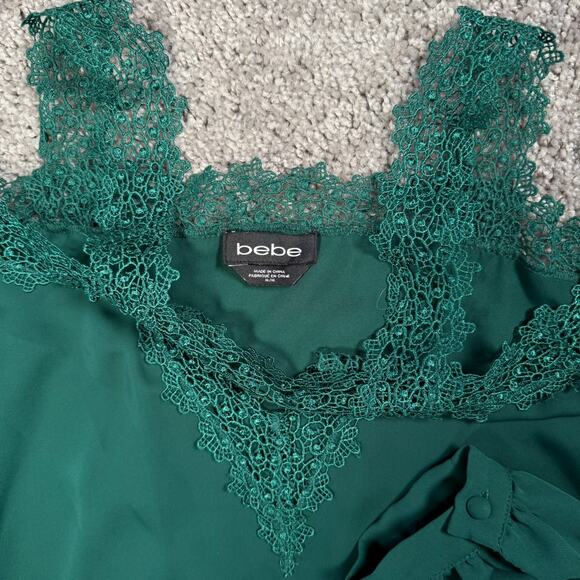Bebe Green Lace Mesh Open Shoulder Top M Fairy Grunge Romantic Gothic Cottage - Picture 4 of 8